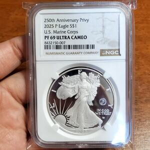 2025-P Proof Silver Eagle Marine Corps Privy NGC PF69 Standard Brown Label